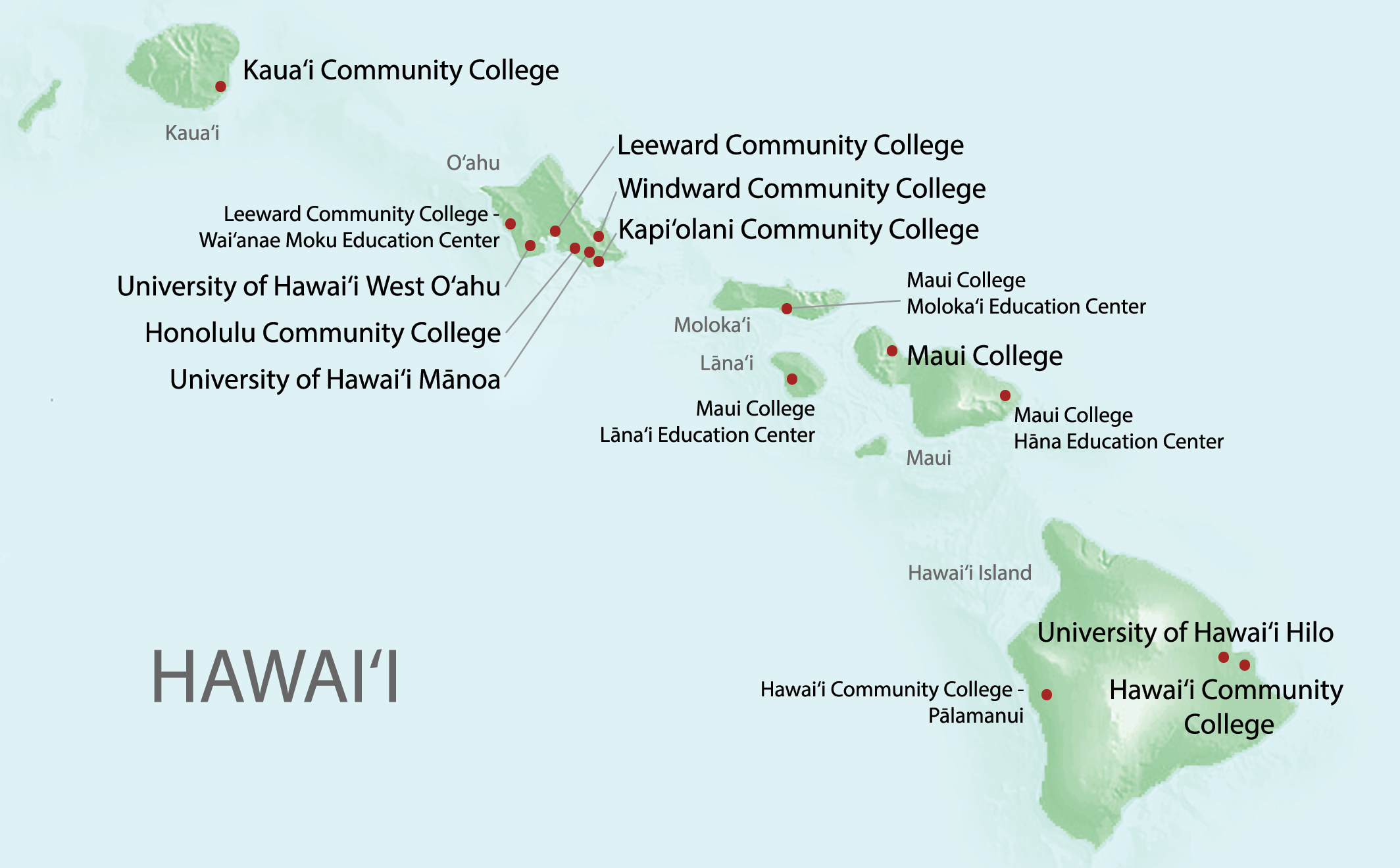 Map of 水果派AV of Hawaii campuses to show on what island and where each university, college and education center is located.